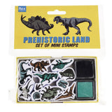 Prehistoric land set of mini stamps with dinosaur illustrations on a yellow packaging
