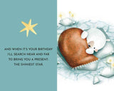 Illustration of a bear on a heart-shaped cloud with a star and text on a light blue background