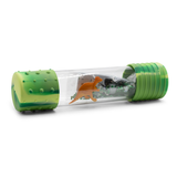 Transparent tube with green rubber ends containing small figurines on a white background