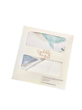 Candlebug Co. towel and washcloth set in a cream-colored window box package, featuring a white towel and a light blue patterned washcloth visible through clear windows.