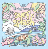 Coloring book cover titled 'Surfin' Splash' with sea-themed illustrations on a light blue background.