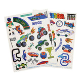A set of three overlapping sticker sheets featuring colorful hot racing and monster truck illustrations, including cars, racers, flags, and track graphics on a white background.