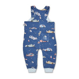 Blue children's overalls with car pattern on a white background