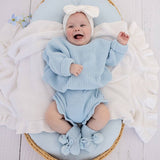 Baby in a light blue knitted outfit with matching headband and booties, sitting in a basket.