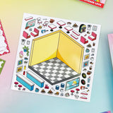 Sheet of stickers with room layout and various small items on a colorful background