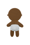 Brown silicone baby toy with a white diaper on a white background