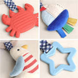 Collage of colorful baby teething toys including a crab, star, and bird design.