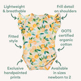 Baby onesie with lemon pattern and certification details on a white background