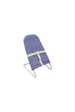 A blue and white gingham baby lounge chair with a white metal frame and a white safety strap, isolated on a white background.