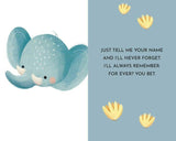 Cartoon elephant with a light blue background and text