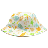 Bucket hat with beach-themed pattern on a white background