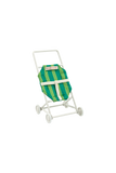 Green and white striped bag on a small white dolly against a white background