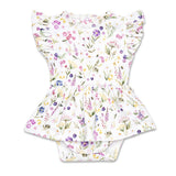 A white baby romper with a colorful watercolor floral print, featuring ruffled sleeves and a ruffled peplum hem.