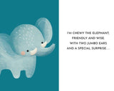 Illustration of a blue elephant with text on a teal background