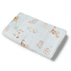 Flannel crib sheet with cat pattern on a light blue background