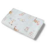 Flannel crib sheet with cat pattern on a light blue background