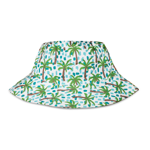 Bucket hat with palm tree pattern on a white background