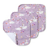 Set of three baby bibs with swan design on a purple background