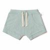 Light blue ribbed shorts with drawstring on a white background