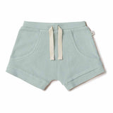 Light blue ribbed shorts with drawstring on a white background