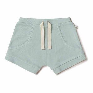 Light blue ribbed shorts with drawstring on a white background