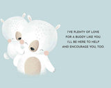 White plush toy with text on a light blue background