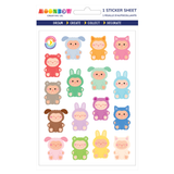 Sticker sheet with colorful animal characters on a white background
