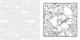 A black-and-white line-art coloring page or printable design shown in two panels: a repeating abstract pattern on the left and a square illustrated scene on the right with cartoon-like faces and organic shapes.