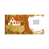 Illustration of a house with a tree and flowers, featuring text about animal friends.