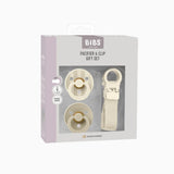 Bibs pacifier and clip gift set packaging on a white background