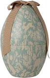 A decorative Easter egg-shaped box featuring a light sage green and beige floral pattern, with a brown ribbon tied in a bow at the top.