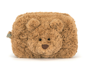 Fluffy brown bear-shaped pouch on a white background