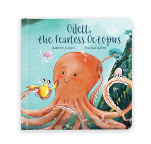 Book cover of 'Odell, the Fearless Octopus' with a colorful illustration of an octopus and crabs on a blue background.