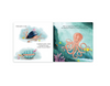 Illustrated book pages with an octopus and sea creatures on a white background
