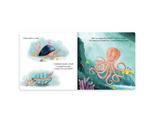 Illustrated book pages with an octopus and sea creatures on a white background