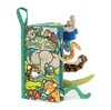 Children's soft book titled 'Jungly Tails' with plush animal toys on a white background