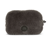 Gray fluffy pouch with a brand logo on a white background