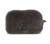 Gray fluffy pouch with a brand logo on a white background
