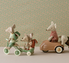 Green Maileg mouse trailer with rolling wheels