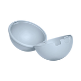 A light blue plastic half-sphere mold, shown open to reveal its interior cavity, isolated on a white background.