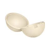 An off-white plastic egg-shaped container shown open against a solid white background.