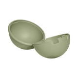 An olive green plastic half-egg container, shown open against a solid white background.