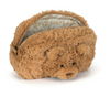 Brown plush toy with a zipper on a white background