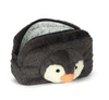 Plush penguin toy with a zipper on a white background