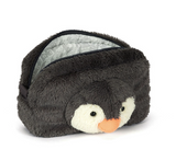 Plush penguin toy with a zipper on a white background