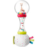 Sapio Baby Giraffe sensory toy rattle with a clear globe, giraffe figurine, colorful beads, and a polka-dot fabric ball with tabs, on a white background.