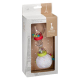 Sophie by Sophie baby soft maracas gift set in its original packaging, featuring a clear bottle with a giraffe toy, a white polka-dot ball, and colorful accents.