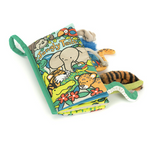 Children's soft book titled 'Jungle Tails' with animal illustrations on a white background