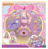 Sylvanian Families Pony's Vanity Dresser Set packaging with toys and accessories.