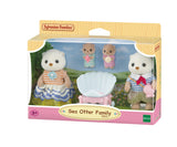 Sylvanian Families Sea Otter Family toy set in its original retail packaging, featuring two adult sea otters, two baby sea otters, and a pink shell stroller.